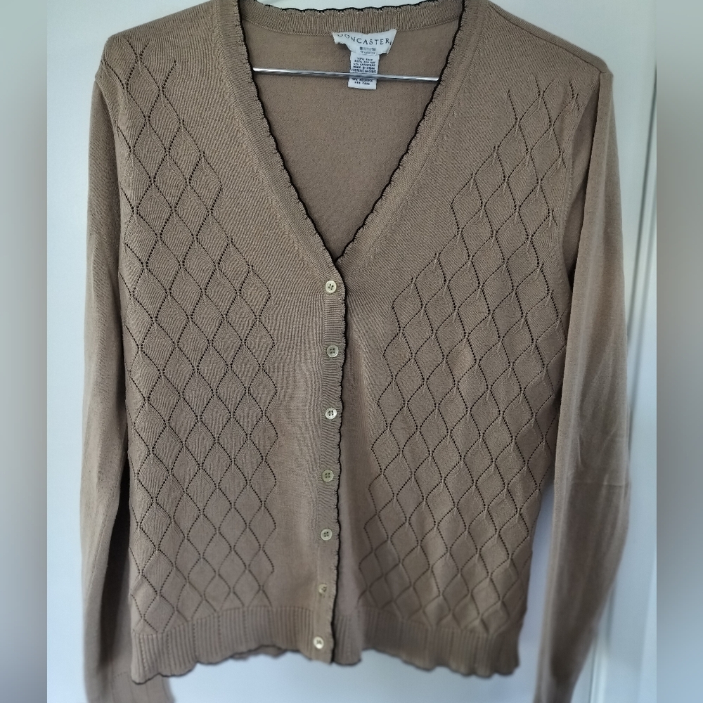 Doncaster Silk Cotton Cashmere Cardigan Medium Beige Black  V-neck Button Front